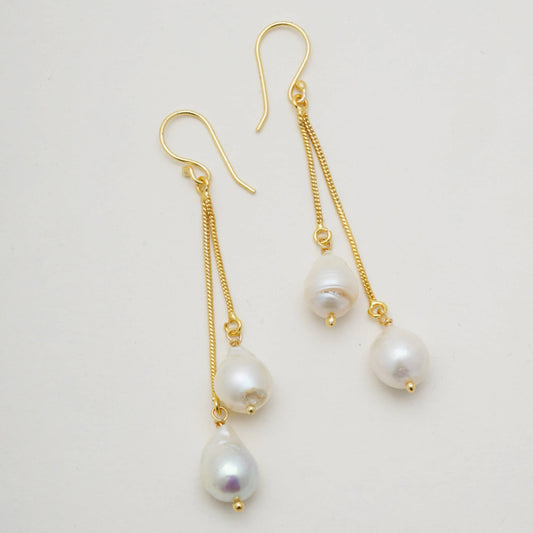 Dual Baroque Pearl Long Earrings Cackle With Love
